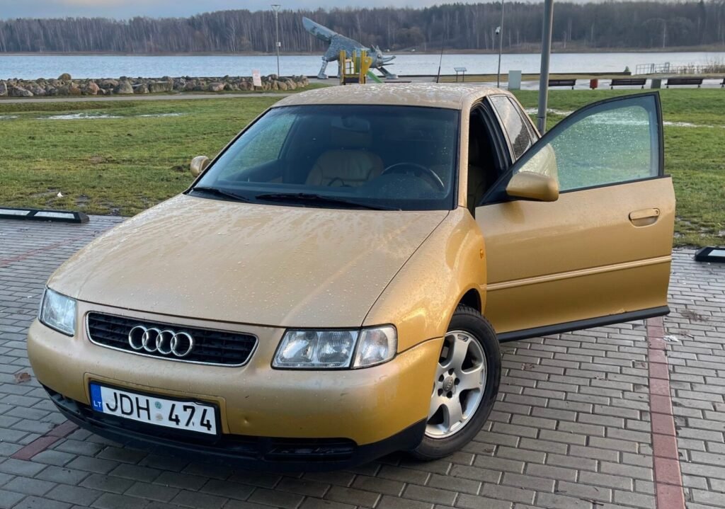 Senas auksinės spalvos Audi A3 8L hečbekas atidarytomis durimis, stovintis prie ežero. Superkame senus Audi modelius.
