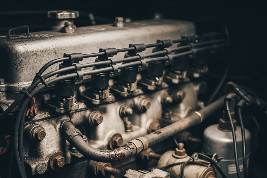 Automobilio dyzelinio variklio kuro sistemos purkštukai ir aukšto slėgio vamzdeliai su korozijos požymiais.