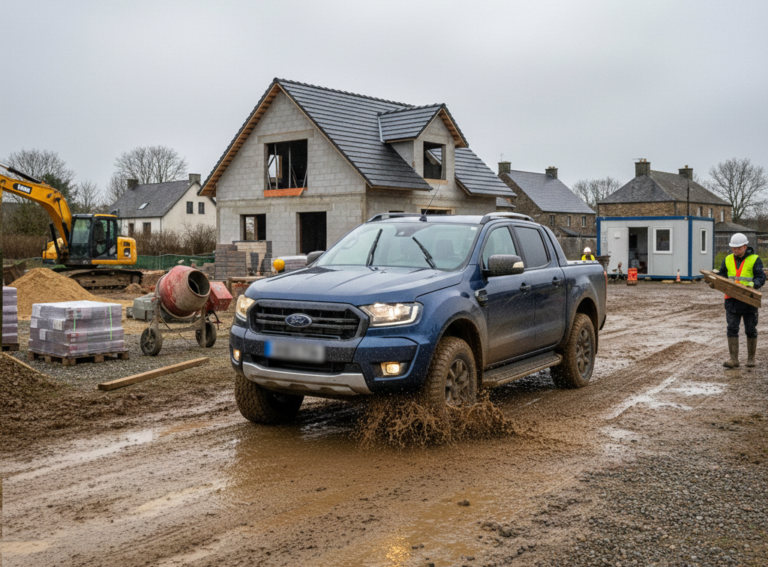 Mėlynas „Ford“ pikapas važiuojantis per purvą statybvietėje fone matant kraną ir statomą namą.