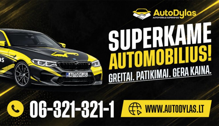 AutoDylas automobilių supirkimo reklaminė skrajutė su užrašu Superkame automobilius greitai, patikimai, gera kaina.