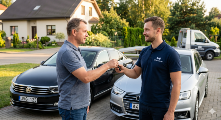 MB „Autodylas“ darbuotojas priima automobilio raktelius iš kliento prie vokiškų Audi ir Volkswagen automobilių kieme.