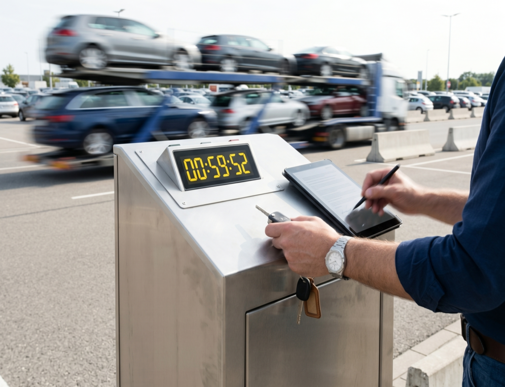 Chronometras rodantis laiką ir sutarties pasirašymas planšetiniu kompiuteriu – automobilio nupirkimas per valandą