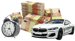 Baltas sportinis automobilis, žadintuvas ir grynųjų pinigų krūvos – skubus auto supirkimas brangiai