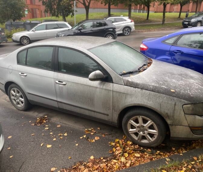 Apleistas sidabrinis automobilis, gausiai padengtas purvu ir samanomis, stovintis gatvėje. Tai pavyzdys transporto priemonės, kurią superka senų automobilių supirkimas